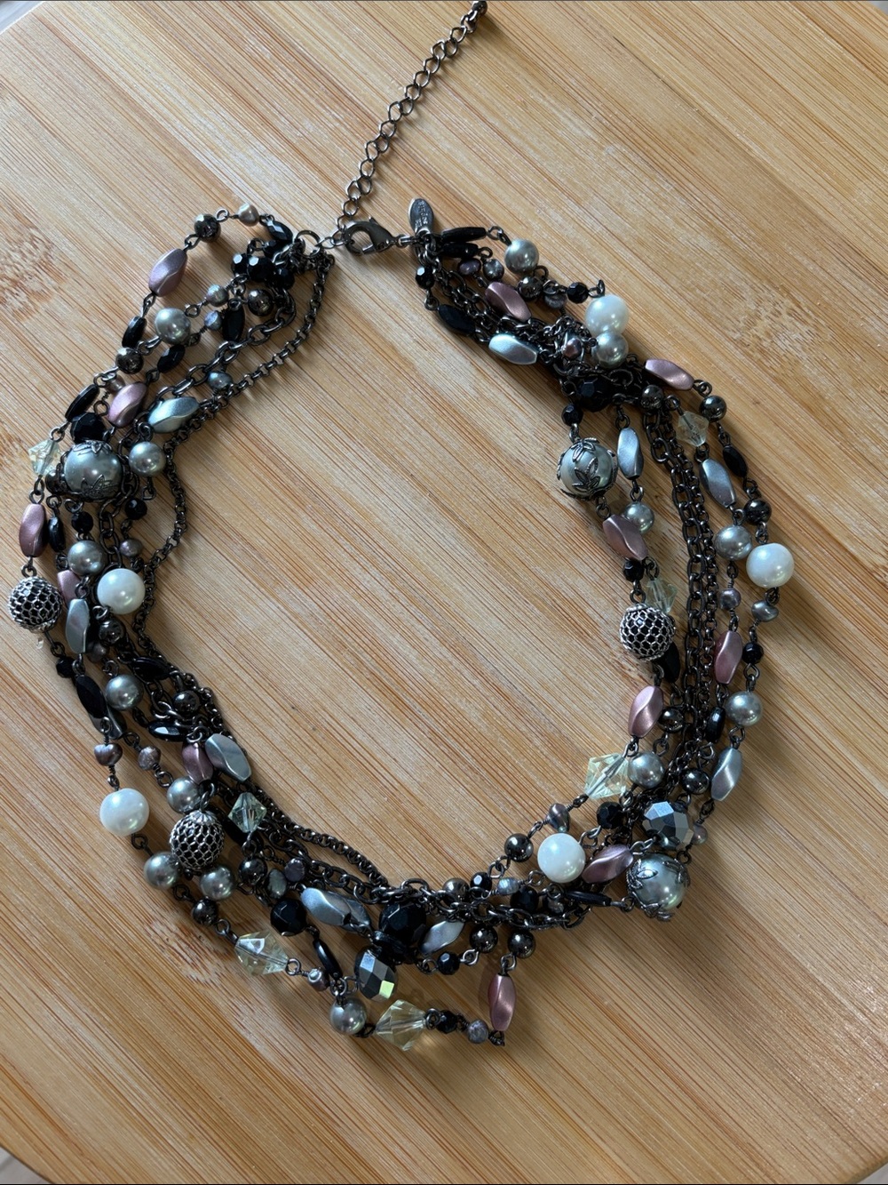 Lia Sophia Black, Pink and Silver Multi-Strand Beaded Necklace